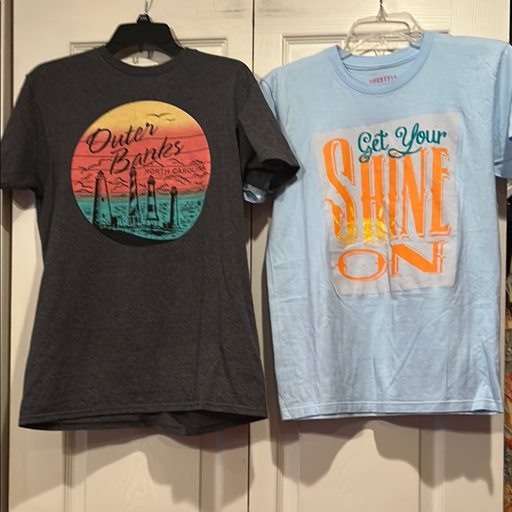 2 -Small Graphic T-Shirts Set - Gray w/ Outer Banks Design, Light Blue Shine On